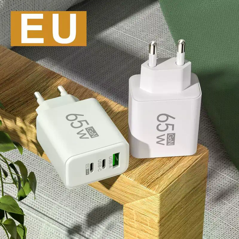 65W GaN Fast Charger EU Plug – Dual USB-C & USB-A 3-in-1 Wall Adapter for Laptops, Smartphones, & Power Banks