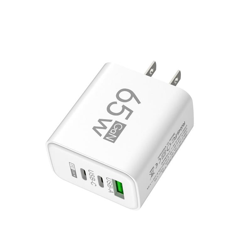 65W GaN Fast Charger EU Plug – Dual USB-C & USB-A 3-in-1 Wall Adapter for Laptops, Smartphones, & Power Banks