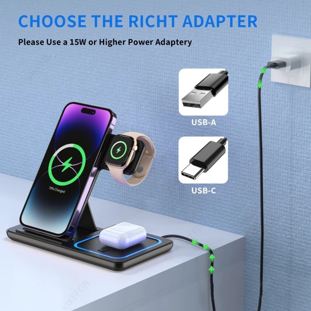 3 in 1 Foldable Wireless Charger Stand – Fast Charging Dock for iPhone 17/16/15/14/13/12 Pro Max, Apple Watch Series 11, & AirPods Pro 4/3