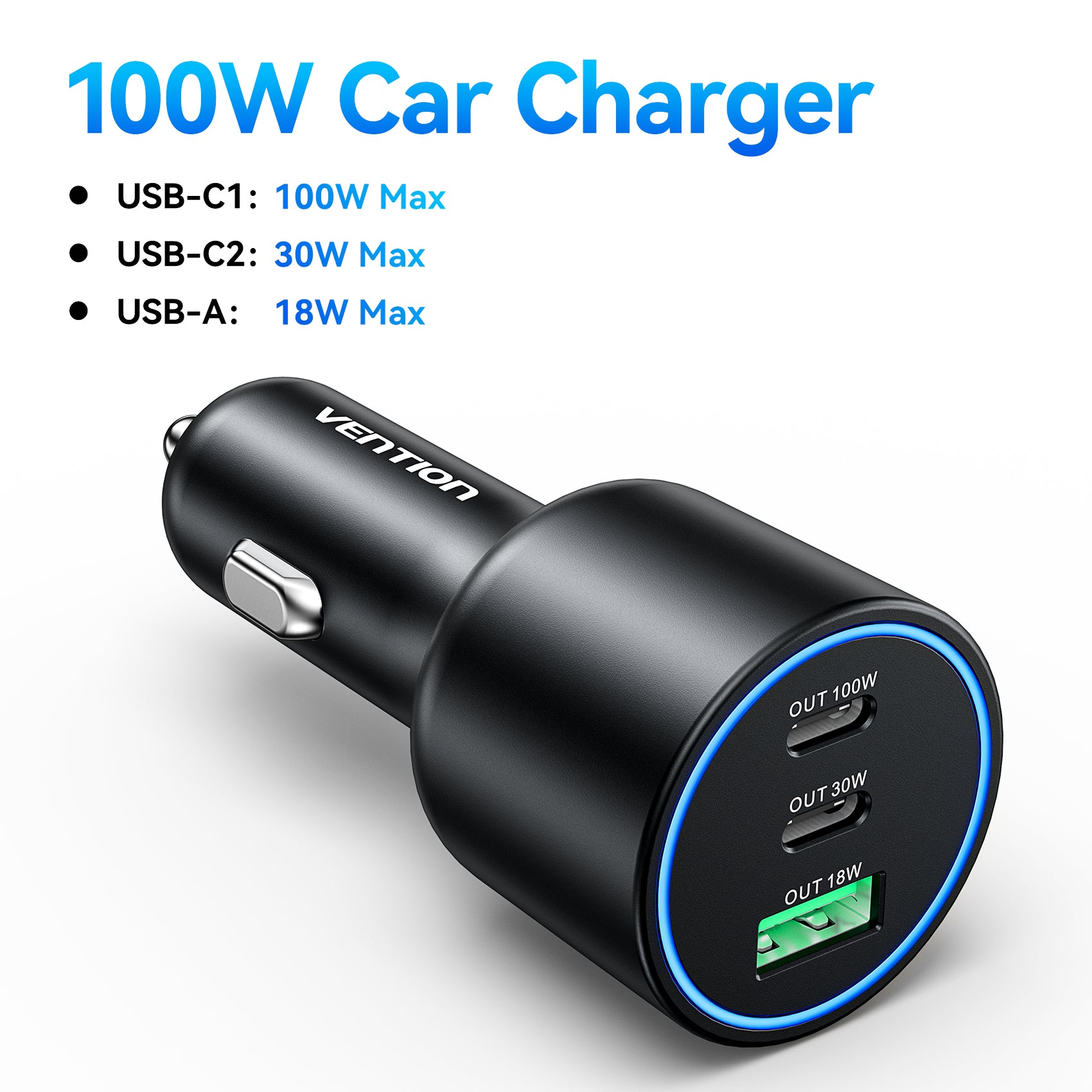 Vention 165W USB-C Car Charger 3-Port – 100W PD & QC 4.0 Fast Charging Adapter for MacBook, iPhone 17/16, & Samsung S25 with LED