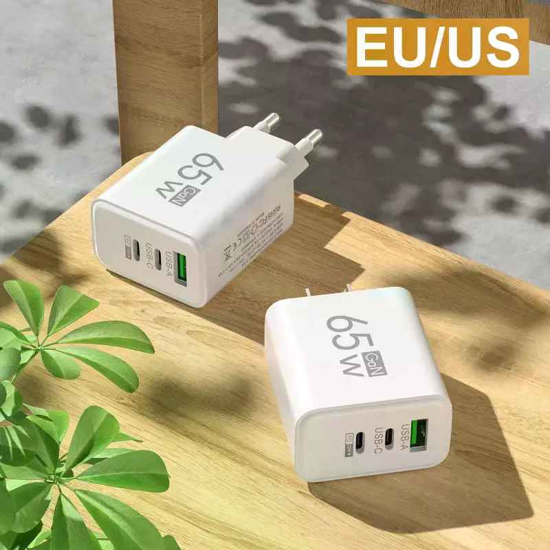 65W GaN Fast Charger EU Plug – Dual USB-C & USB-A 3-in-1 Wall Adapter for Laptops, Smartphones, & Power Banks