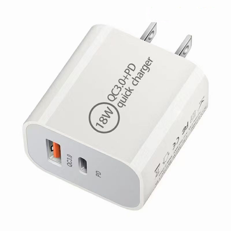 18W PD USB-C Fast Charger with QC3.0 – Multi-Port US Plug Wall Adapter Power Brick for iPhone & Mobile Devices (With Box)