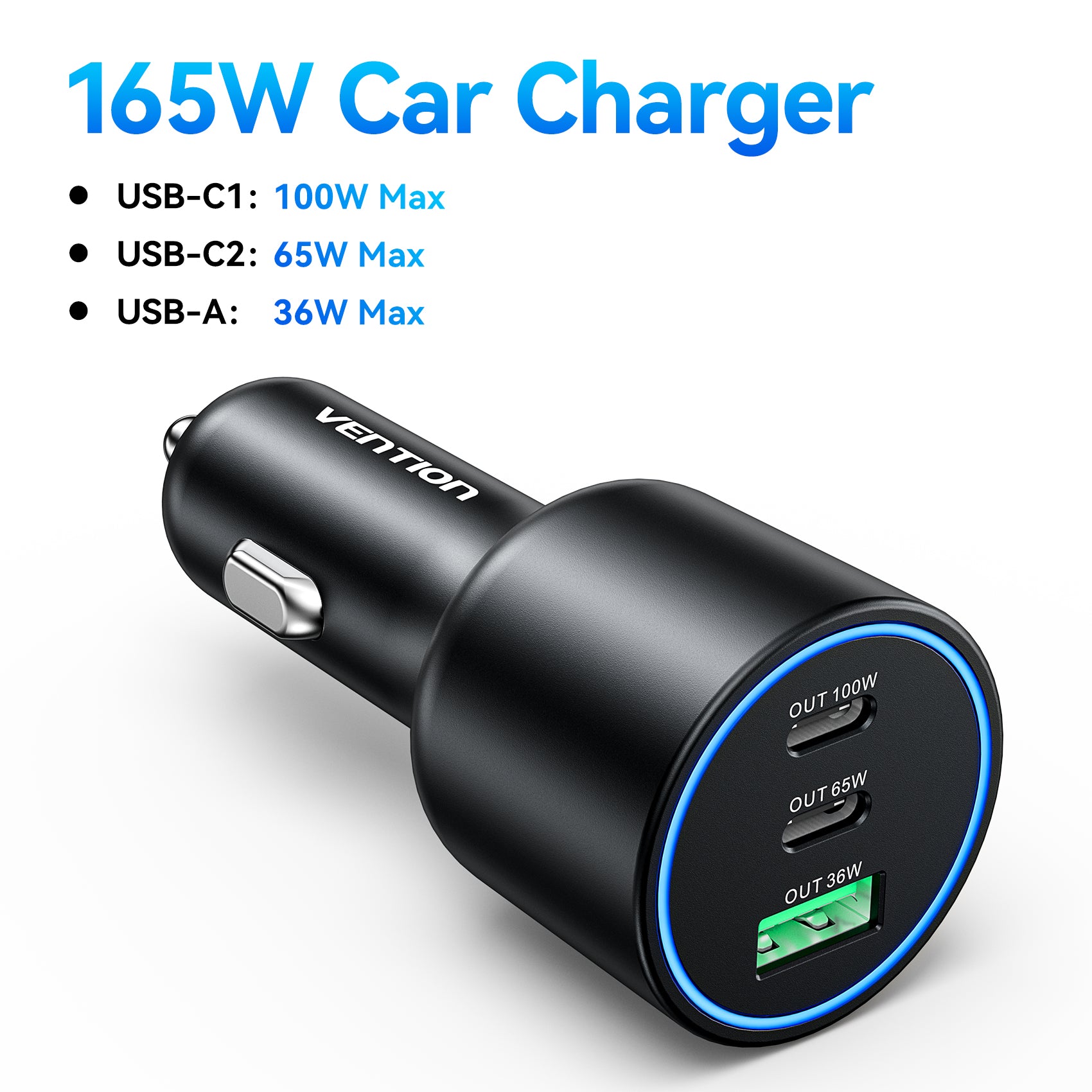 Vention 165W USB-C Car Charger 3-Port – 100W PD & QC 4.0 Fast Charging Adapter for MacBook, iPhone 17/16, & Samsung S25 with LED