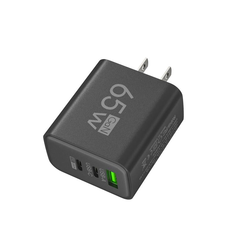65W GaN Fast Charger EU Plug – Dual USB-C & USB-A 3-in-1 Wall Adapter for Laptops, Smartphones, & Power Banks