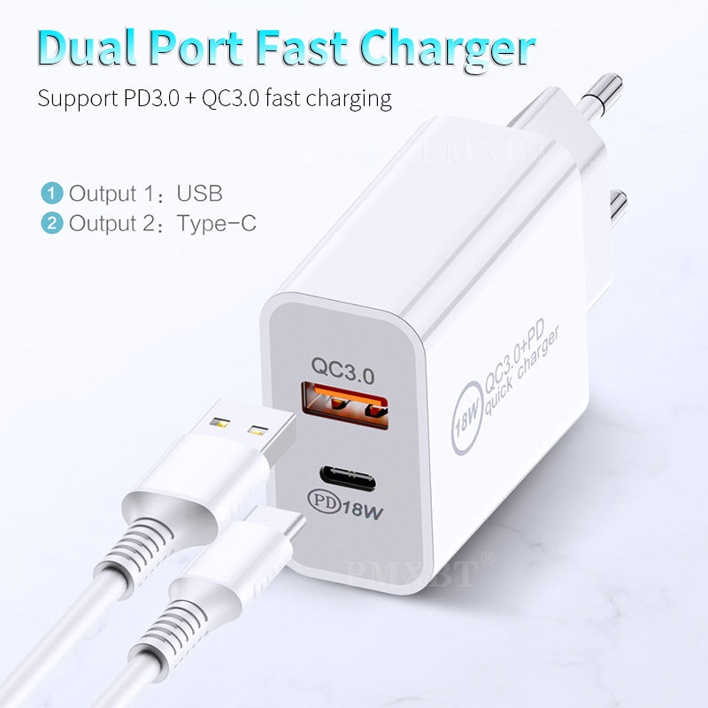 18W PD USB-C Fast Charger with QC3.0 – Multi-Port US Plug Wall Adapter Power Brick for iPhone & Mobile Devices (With Packaging Box)