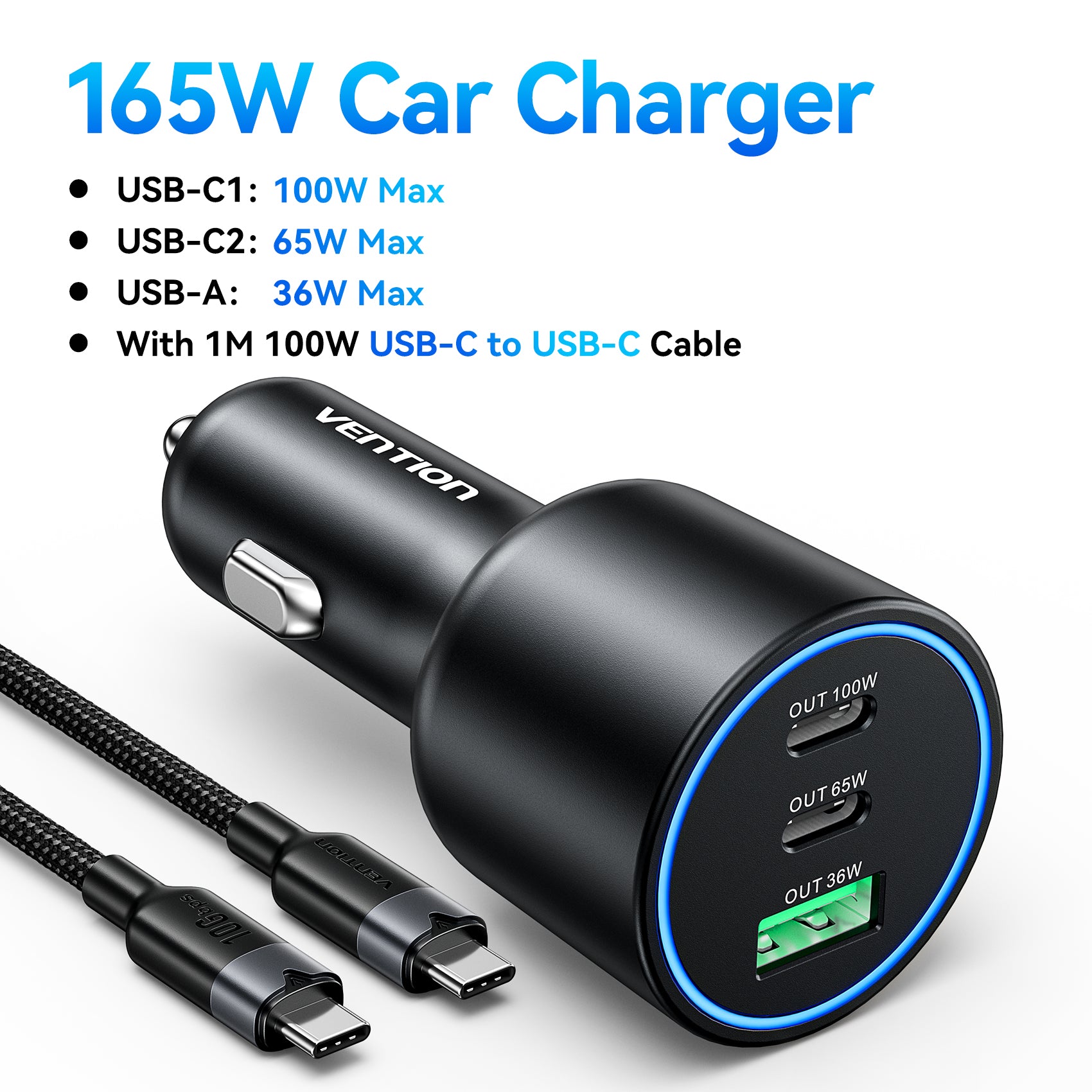 Vention 165W USB-C Car Charger 3-Port – 100W PD & QC 4.0 Fast Charging Adapter for MacBook, iPhone 17/16, & Samsung S25 with LED