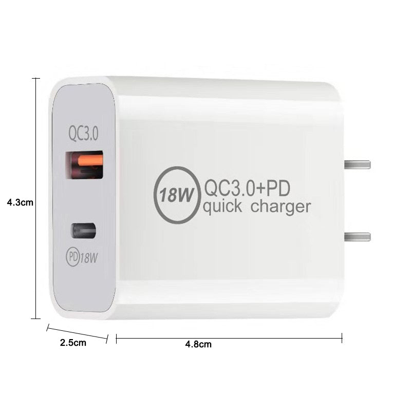 18W PD USB-C Fast Charger with QC3.0 – Multi-Port US Plug Wall Adapter Power Brick for iPhone & Mobile Devices (With Box)