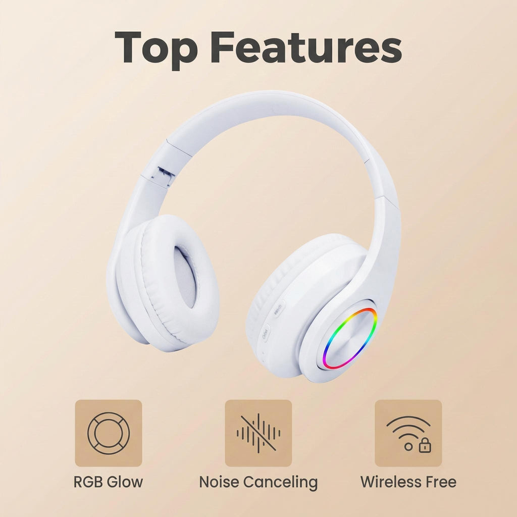 RGB Luminous Bluetooth Headphones – Wireless Noise Cancelling Headset with Mic for Students, Gamers & Music Lovers