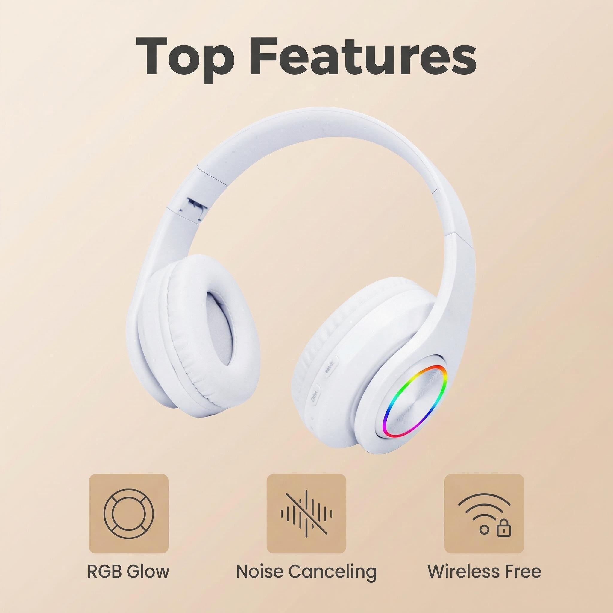 RGB Luminous Bluetooth Headphones – Wireless Noise Cancelling Headset with Mic for Students, Gamers & Music Lovers