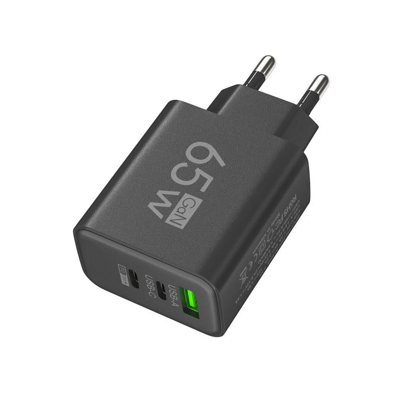 65W GaN Fast Charger EU Plug – Dual USB-C & USB-A 3-in-1 Wall Adapter for Laptops, Smartphones, & Power Banks
