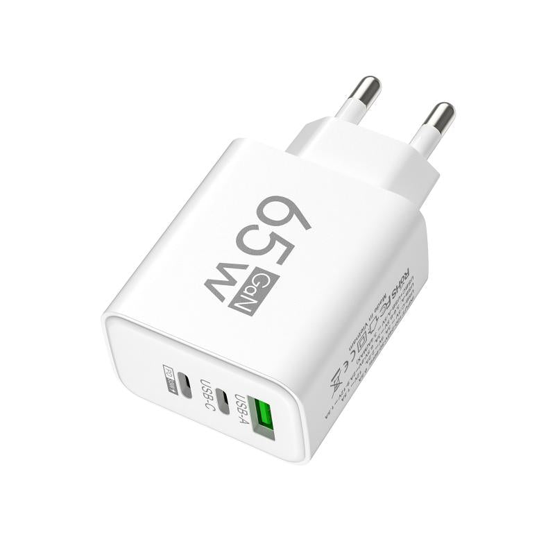 65W GaN Fast Charger EU Plug – Dual USB-C & USB-A 3-in-1 Wall Adapter for Laptops, Smartphones, & Power Banks