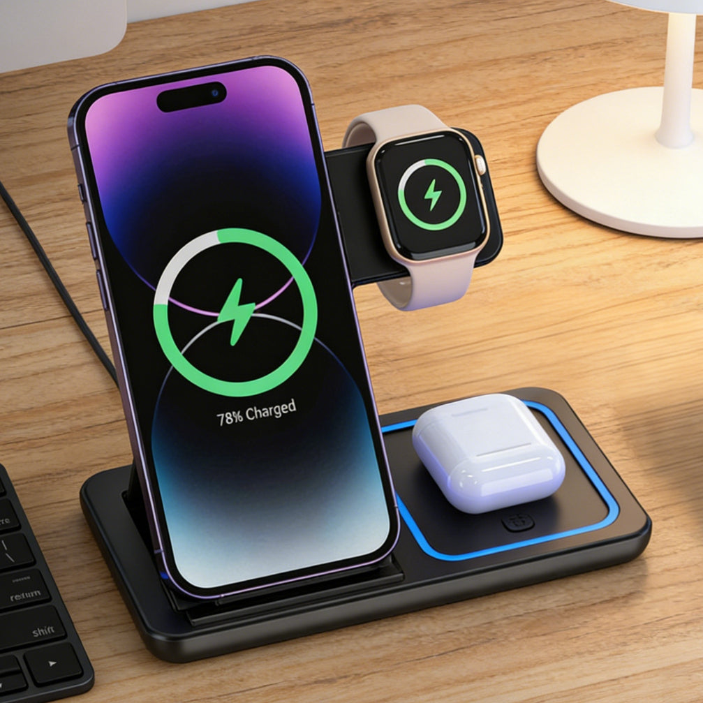 3 in 1 Foldable Wireless Charger Stand – Fast Charging Dock for iPhone 17/16/15/14/13/12 Pro Max, Apple Watch Series 11, & AirPods Pro 4/3