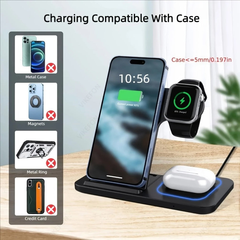 3 in 1 Foldable Wireless Charger Stand – Fast Charging Dock for iPhone 17/16/15/14/13/12 Pro Max, Apple Watch Series 11, & AirPods Pro 4/3