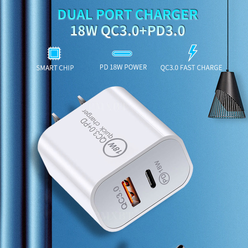 18W PD USB-C Fast Charger with QC3.0 – Multi-Port US Plug Wall Adapter Power Brick for iPhone & Mobile Devices (With Packaging Box)