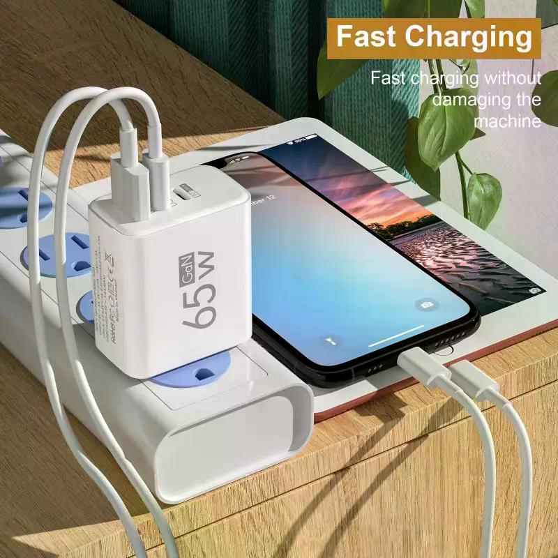 65W GaN Fast Charger EU Plug – Dual USB-C & USB-A 3-in-1 Wall Adapter for Laptops, Smartphones, & Power Banks