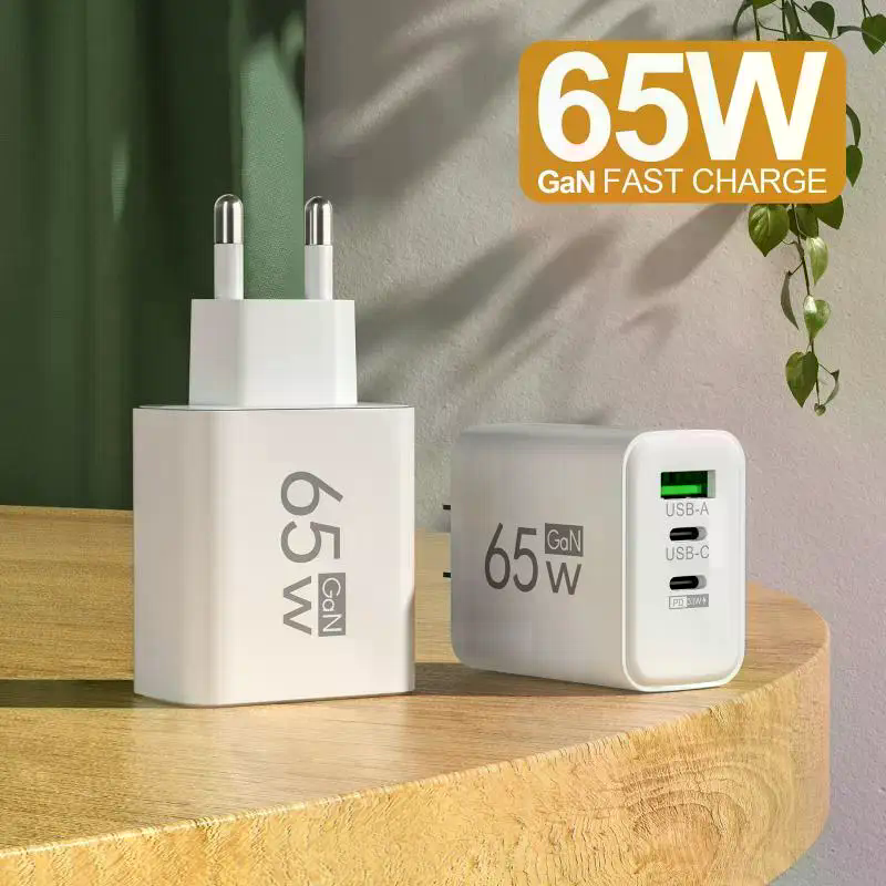 65W GaN Fast Charger EU Plug – Dual USB-C & USB-A 3-in-1 Wall Adapter for Laptops, Smartphones, & Power Banks