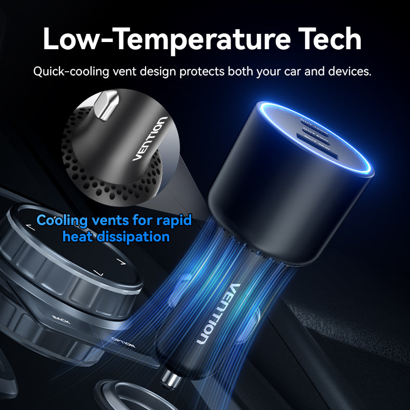 Vention 165W USB-C Car Charger 3-Port – 100W PD & QC 4.0 Fast Charging Adapter for MacBook, iPhone 17/16, & Samsung S25 with LED