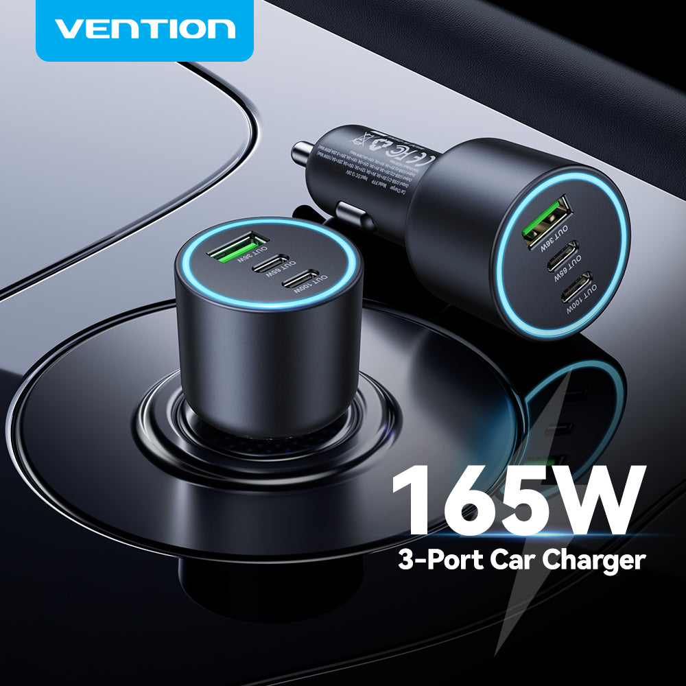 Vention 165W USB-C Car Charger 3-Port – 100W PD & QC 4.0 Fast Charging Adapter for MacBook, iPhone 17/16, & Samsung S25 with LED