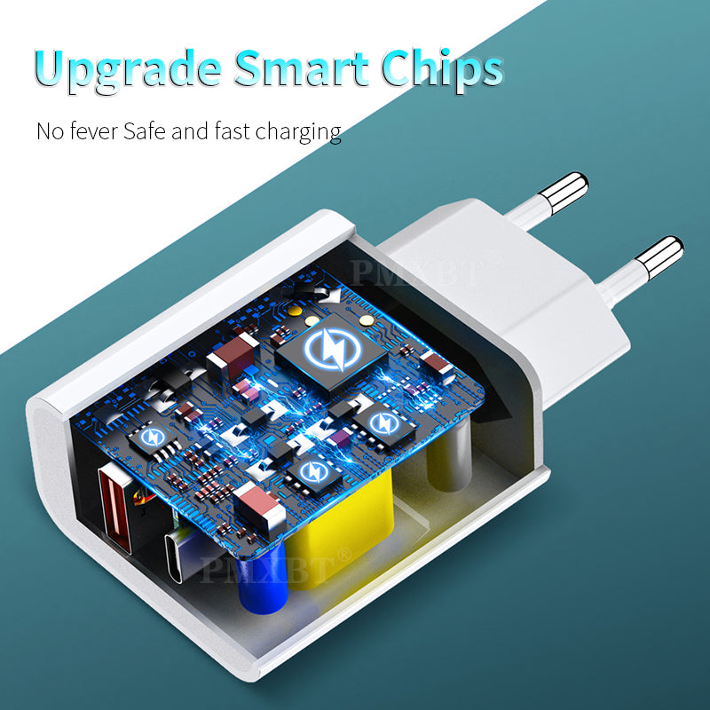 18W PD USB-C Fast Charger with QC3.0 – Multi-Port US Plug Wall Adapter Power Brick for iPhone & Mobile Devices (With Box)