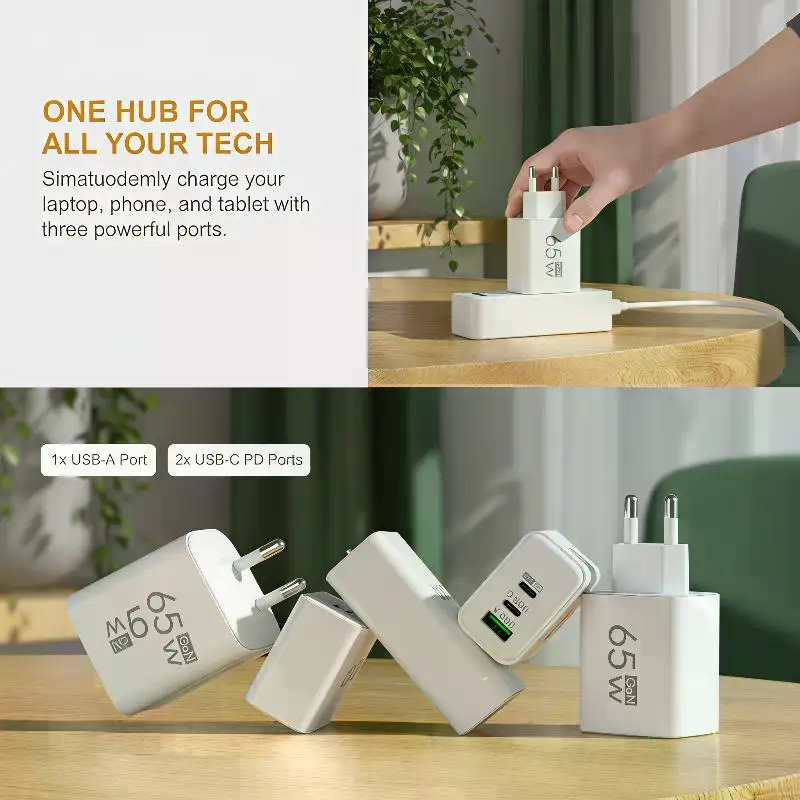 65W GaN Fast Charger EU Plug – Dual USB-C & USB-A 3-in-1 Wall Adapter for Laptops, Smartphones, & Power Banks