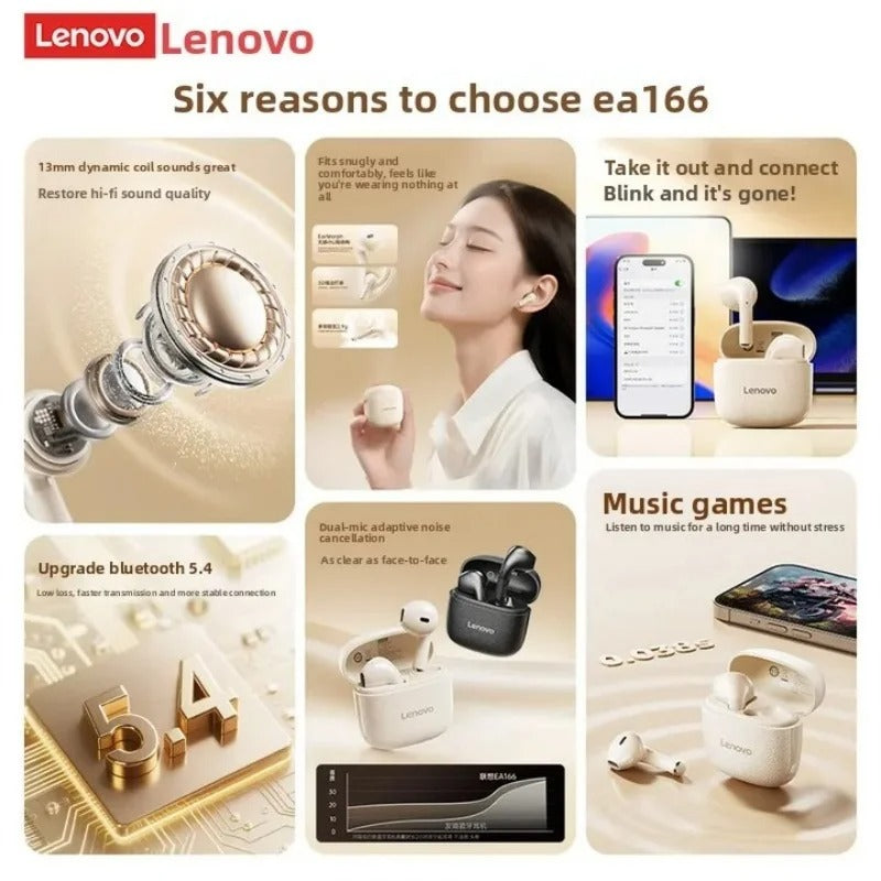 Original Lenovo EA166 TWS Bluetooth 5.4 Earbuds – Hi-Fi True Wireless Waterproof Headphones with Leather Texture