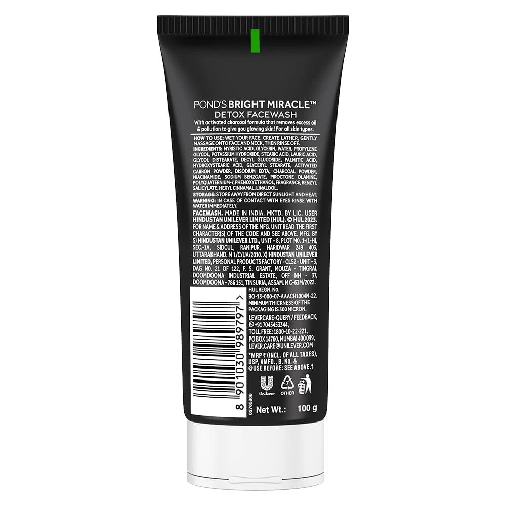 POND'S Bright Miracle Detox Face Wash 100g | 10X Activated Charcoal Power | Deep Cleansing Facial Cleanser for Bright & Fresh Skin