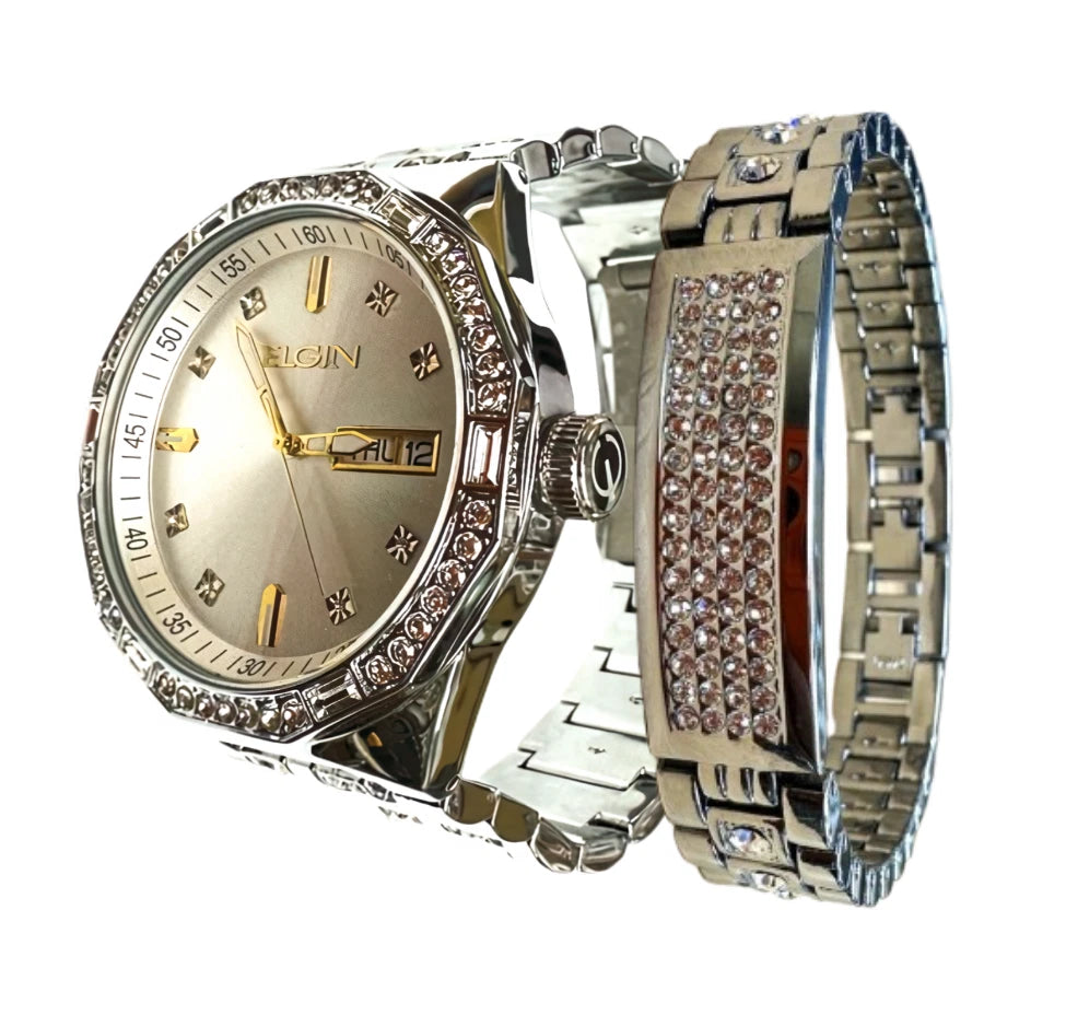 Elgin Men's Silver Watch & Matching Bracelet Set FG180016SST | Gold Markers | Luxury Quartz Dress Watch Gift Set