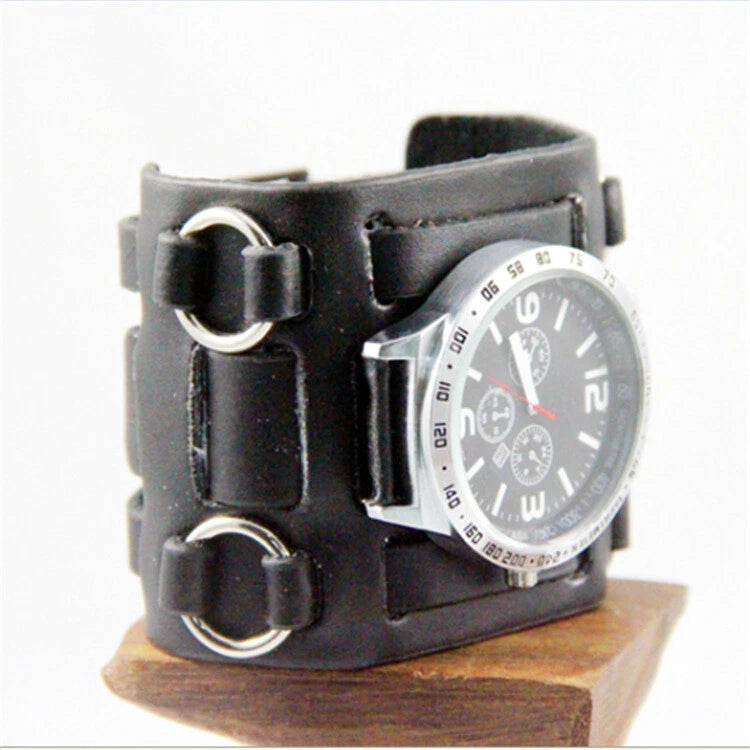Black Wide Leather Punk Style Watch – Men's Three Strap Cuff Wristwatch Retro Gothic Fashion