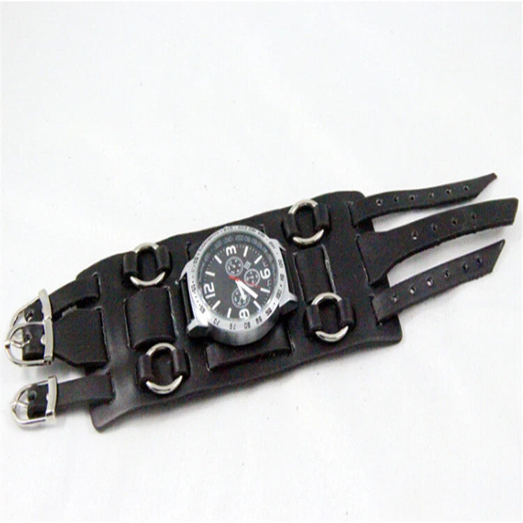 Black Wide Leather Punk Style Watch – Men's Three Strap Cuff Wristwatch Retro Gothic Fashion