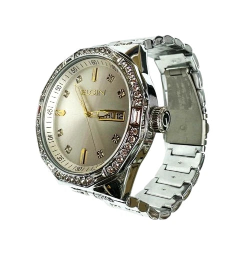 Elgin Men's Silver Watch & Matching Bracelet Set FG180016SST | Gold Markers | Luxury Quartz Dress Watch Gift Set
