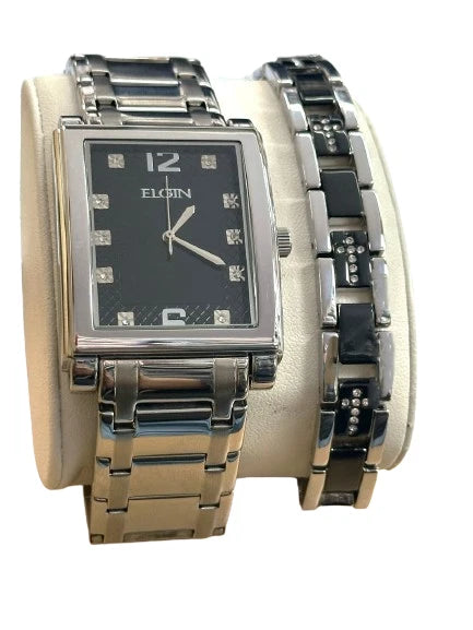 Elgin Men's Silver-Tone Crystal Watch with Black Dial & Cross Bracelet Set | Luxury Quartz Dress Watch Gift Set