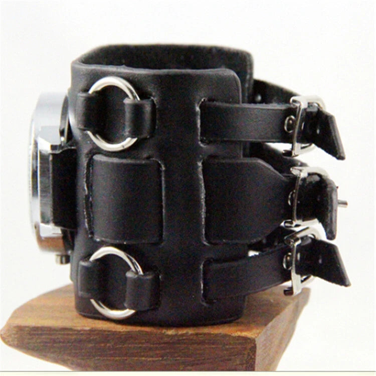 Black Wide Leather Punk Style Watch – Men's Three Strap Cuff Wristwatch Retro Gothic Fashion