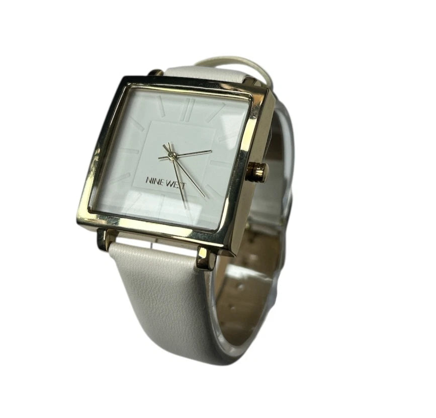 Nine West Women's Gold Dial White Strap Watch – Quartz Analog Fashion Wristwatch