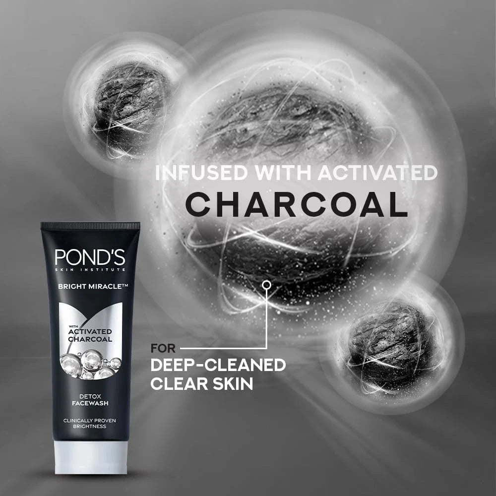 POND'S Bright Miracle Detox Face Wash 100g | 10X Activated Charcoal Power | Deep Cleansing Facial Cleanser for Bright & Fresh Skin