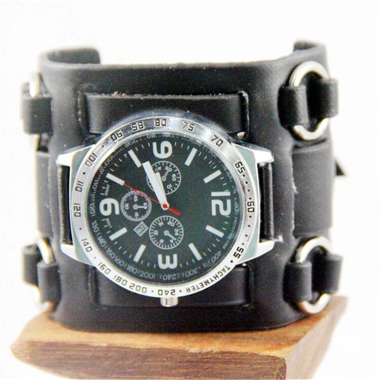 Black Wide Leather Punk Style Watch – Men's Three Strap Cuff Wristwatch Retro Gothic Fashion