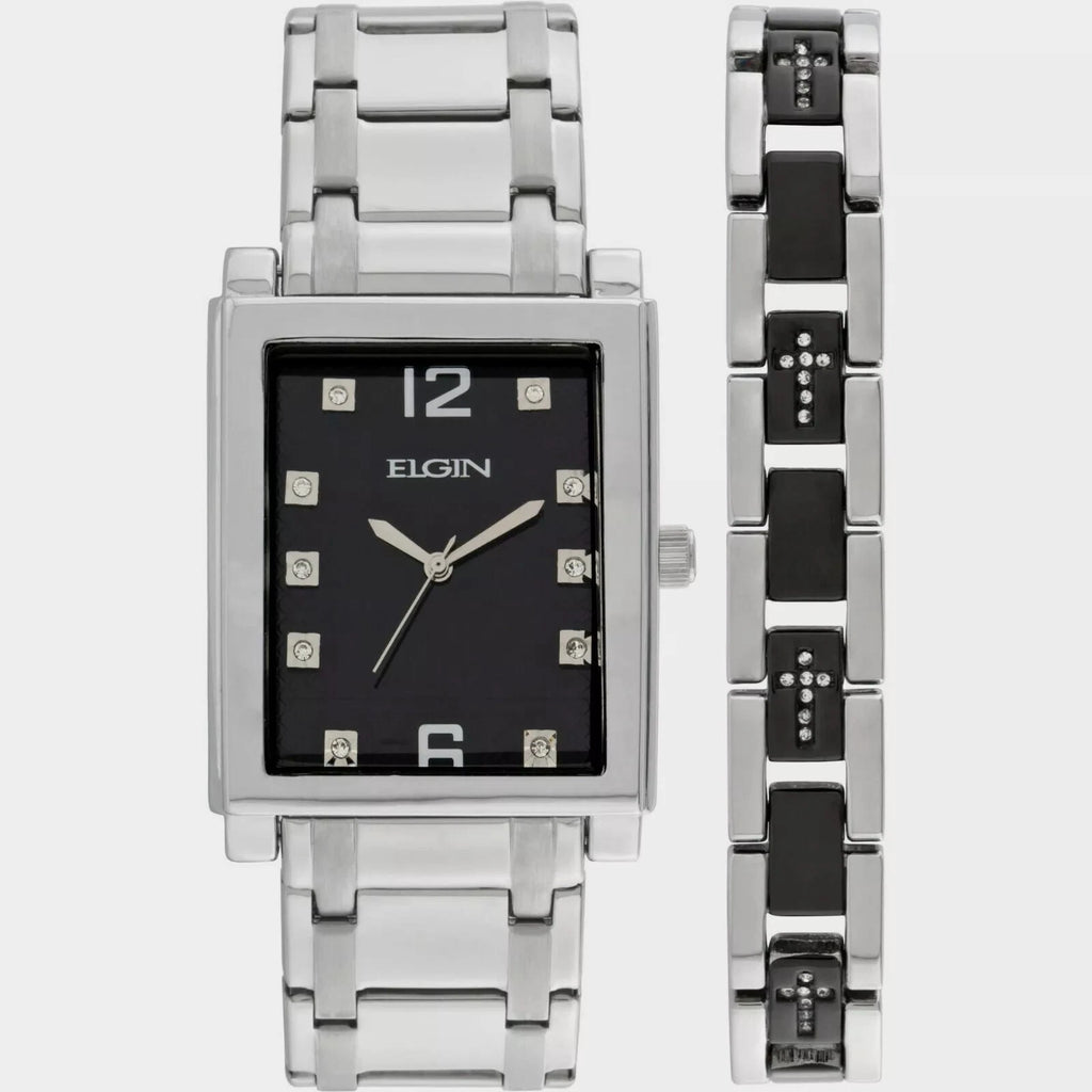 Elgin Men's Silver-Tone Crystal Watch with Black Dial & Cross Bracelet Set | Luxury Quartz Dress Watch Gift Set