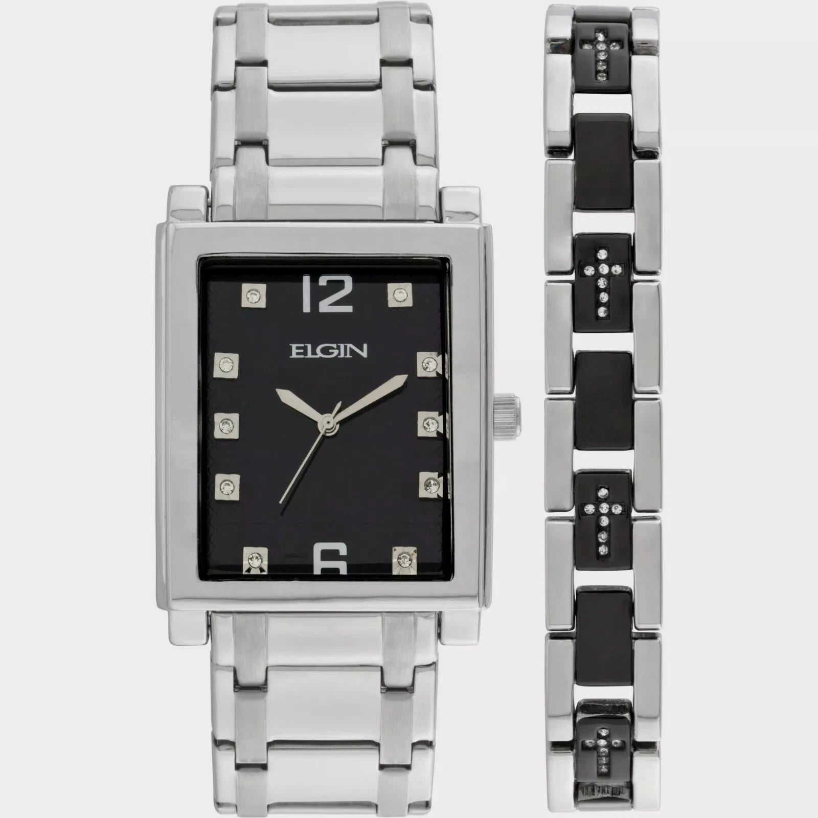 Elgin Men's Silver-Tone Crystal Watch with Black Dial & Cross Bracelet Set | Luxury Quartz Dress Watch Gift Set