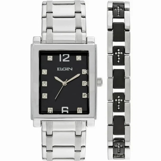 Elgin Men's Silver-Tone Crystal Watch with Black Dial & Cross Bracelet Set | Luxury Quartz Dress Watch Gift Set