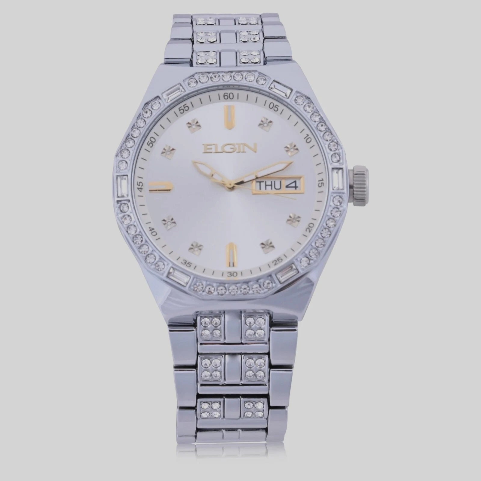 Elgin Men's Silver Watch & Matching Bracelet Set FG180016SST | Gold Markers | Luxury Quartz Dress Watch Gift Set