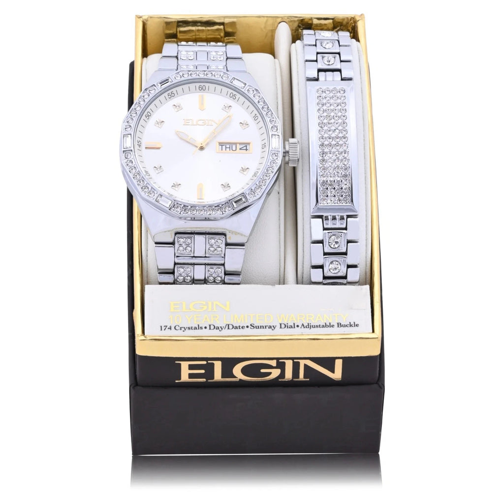 Elgin Men's Silver Watch & Matching Bracelet Set FG180016SST | Gold Markers | Luxury Quartz Dress Watch Gift Set