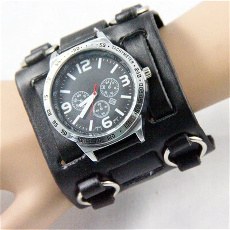 Black Wide Leather Punk Style Watch – Men's Three Strap Cuff Wristwatch Retro Gothic Fashion