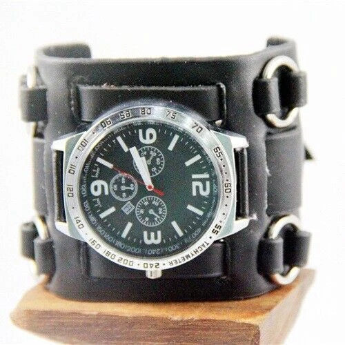Black Wide Leather Punk Style Watch – Men's Three Strap Cuff Wristwatch Retro Gothic Fashion