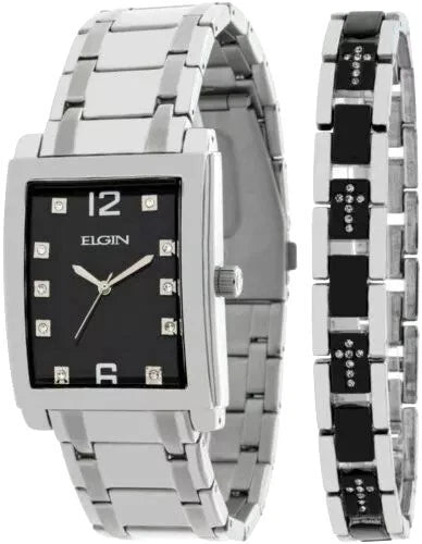 Elgin Men's Silver-Tone Crystal Watch with Black Dial & Cross Bracelet Set | Luxury Quartz Dress Watch Gift Set